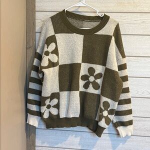 Olive and Cream Floral Checkered Sweater
